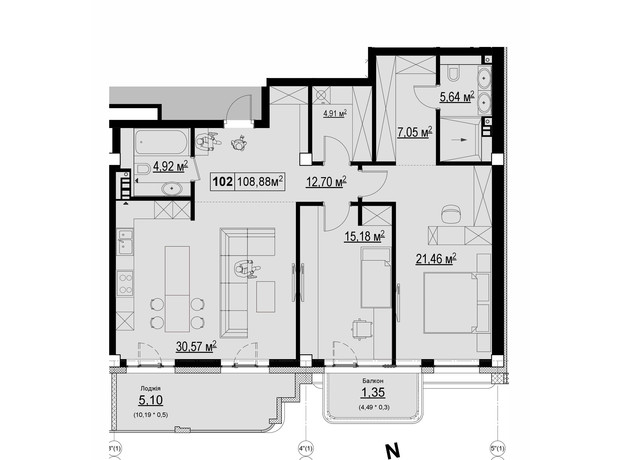 ЖК Chateau Grand: планування 2-кімнатної квартири 108.88 м²