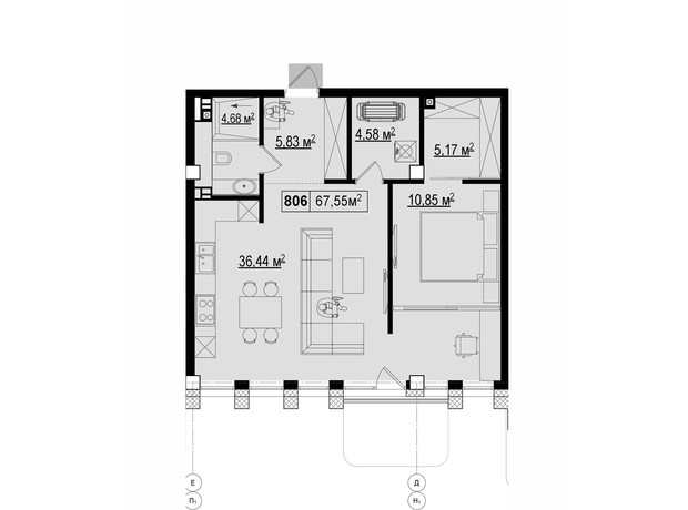 ЖК Chateau Grand: планировка 2-комнатной квартиры 67.55 м²