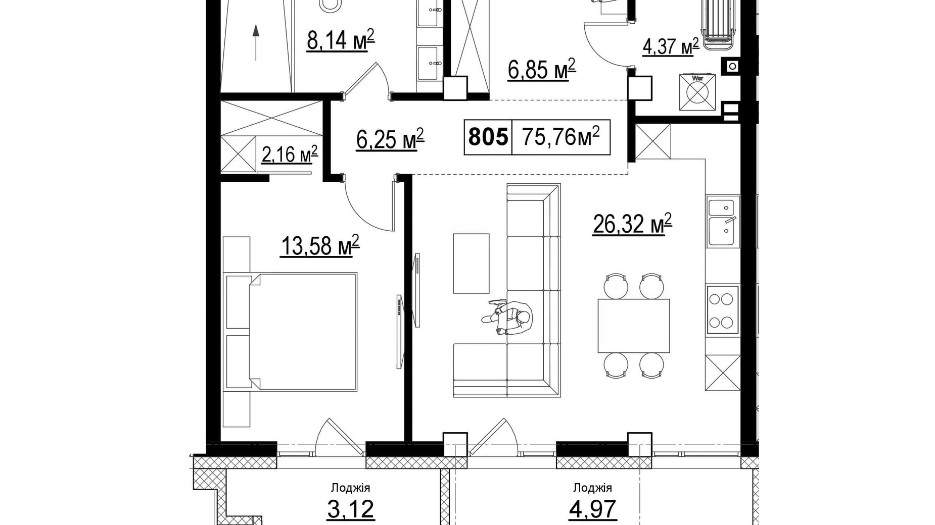 Планировка 2-комнатной квартиры в ЖК Chateau Grand 75.76 м², фото 370051