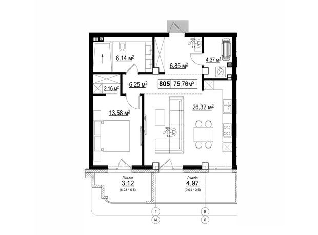 ЖК Chateau Grand: планировка 2-комнатной квартиры 75.76 м²