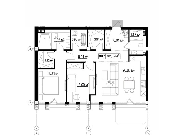 ЖК Chateau Grand: планування 3-кімнатної квартири 92.07 м²