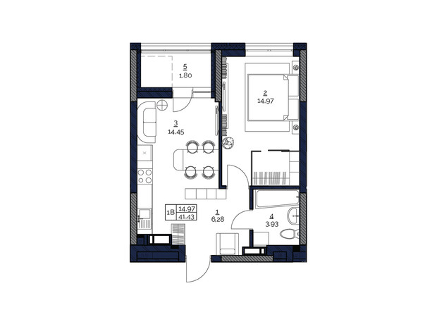 ЖК Polaris Home&Plaza: планировка 1-комнатной квартиры 41.43 м²