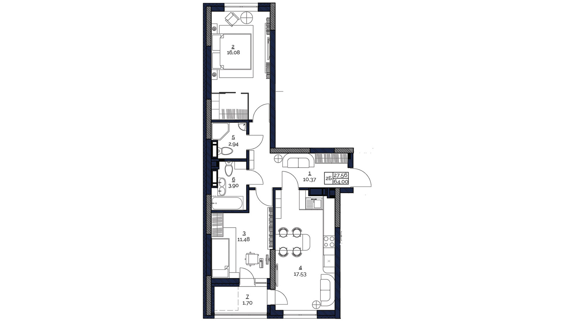 Планування 2-кімнатної квартири в ЖК Polaris Home&Plaza 64 м², фото 370485