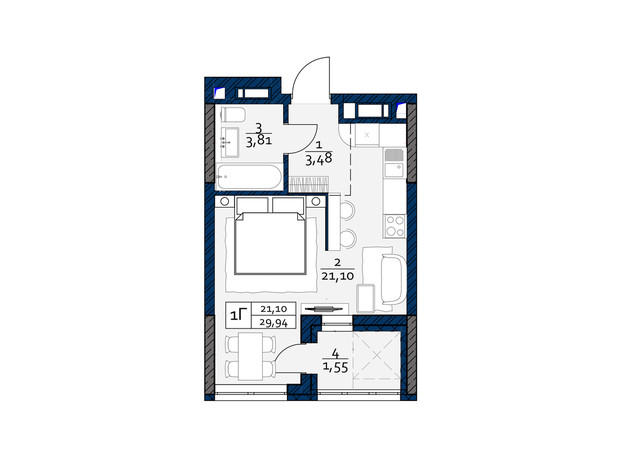 ЖК Polaris Home&Plaza: планування 1-кімнатної квартири 29.94 м²