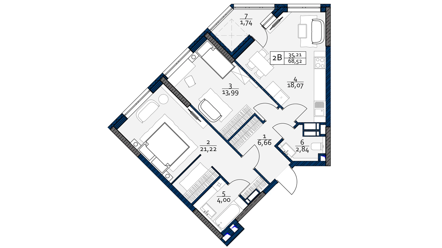 Планировка 2-комнатной квартиры в ЖК Polaris Home&Plaza 68.52 м², фото 370493