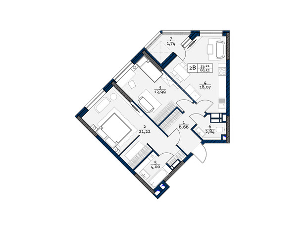 ЖК Polaris Home&Plaza: планировка 2-комнатной квартиры 68.52 м²