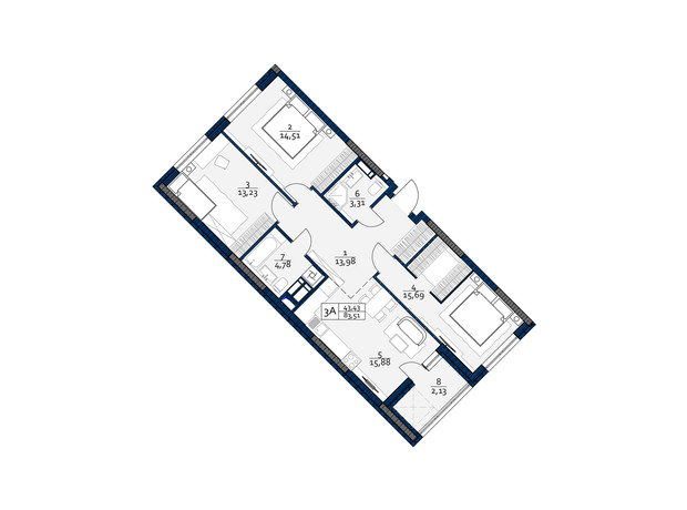 ЖК Polaris Home&Plaza: планировка 3-комнатной квартиры 83.51 м²