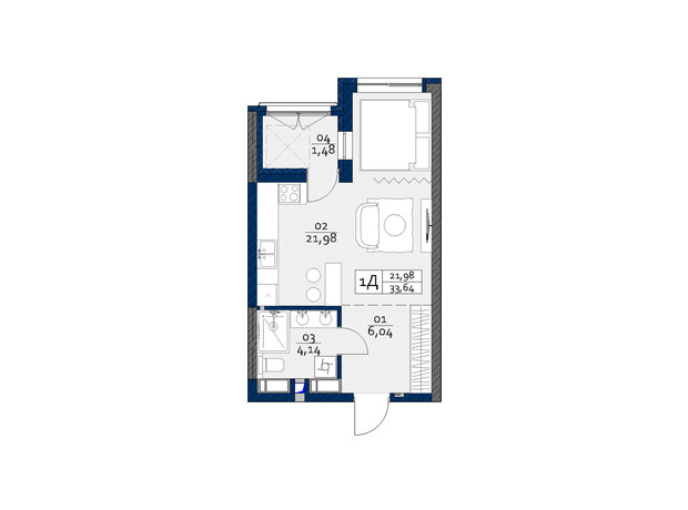 ЖК Polaris Home&Plaza: планировка 1-комнатной квартиры 33.64 м²