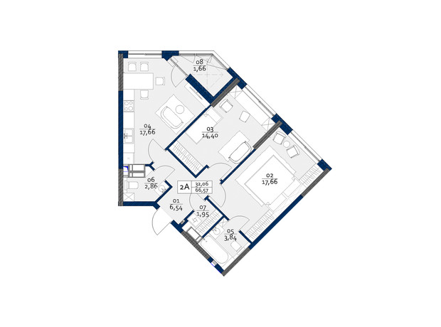 ЖК Polaris Home&Plaza: планировка 2-комнатной квартиры 66.57 м²
