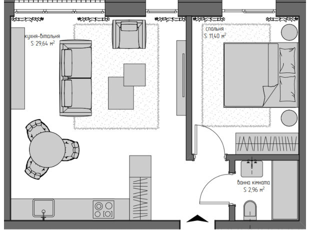 ЖК Квадрат: планировка 1-комнатной квартиры 43.26 м²