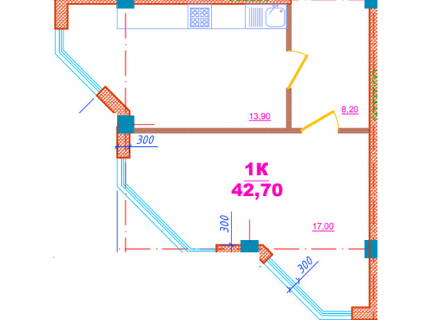 ЖК Потемкинский Сквер: планировка 1-комнатной квартиры 42.7 м²