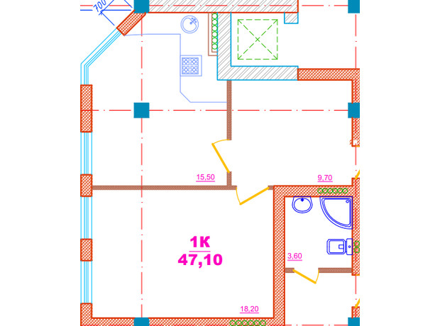 ЖК Потемкинский Сквер: планировка 1-комнатной квартиры 47.1 м²