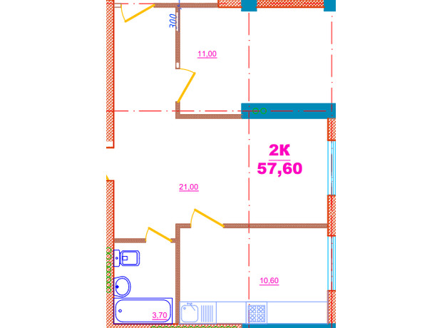 ЖК Потемкинский Сквер: планировка 1-комнатной квартиры 57.6 м²