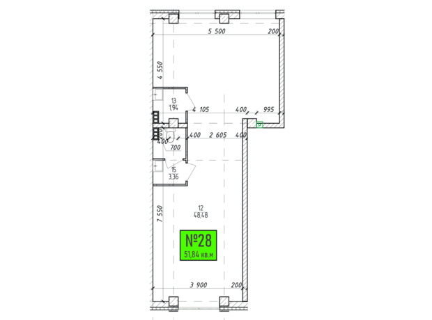 Апарт-комплекс Грушевський: планування 1-кімнатної квартири 51.84 м²