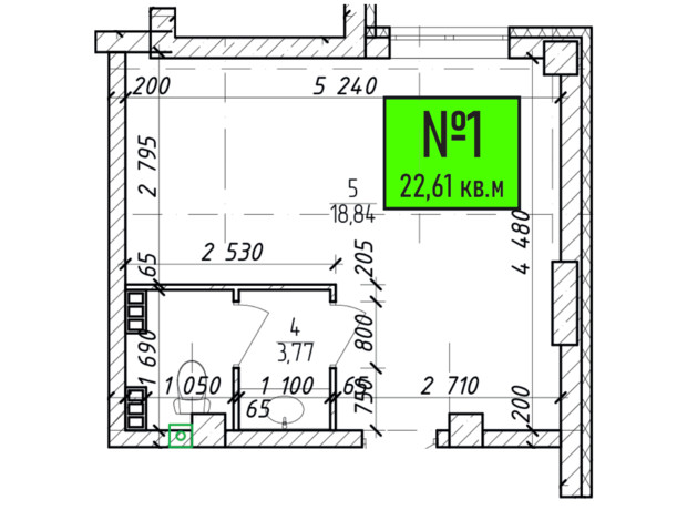 Апарт-комплекс Грушевський: планування 1-кімнатної квартири 22.61 м²
