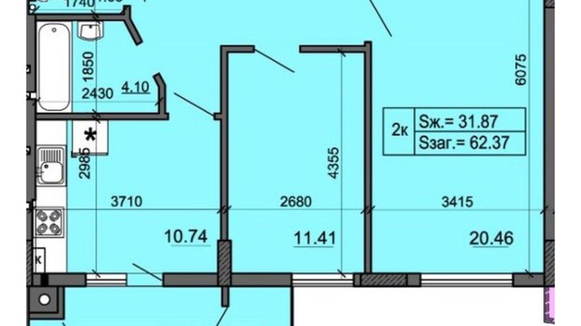 Планировка 2-комнатной квартиры в ЖК Миллениум 62.37 м², фото 371512