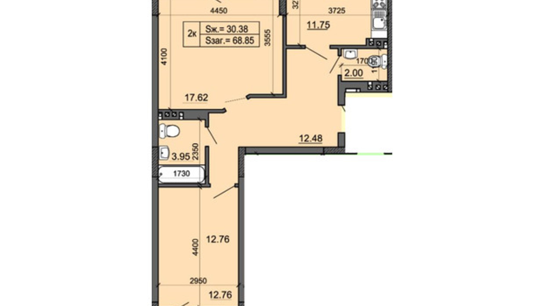 Планування 2-кімнатної квартири в ЖК Міленіум 69 м², фото 371513