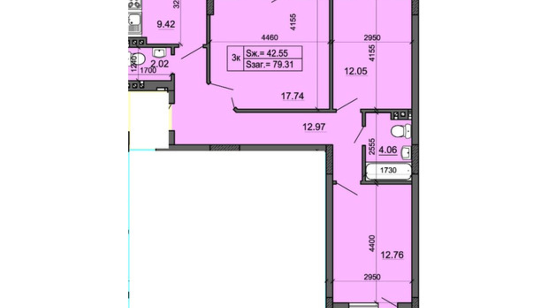 Планування 3-кімнатної квартири в ЖК Міленіум 79.31 м², фото 371517