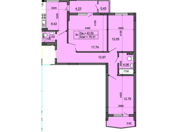 ЖК Миллениум: планировка 3-комнатной квартиры 79.31 м²
