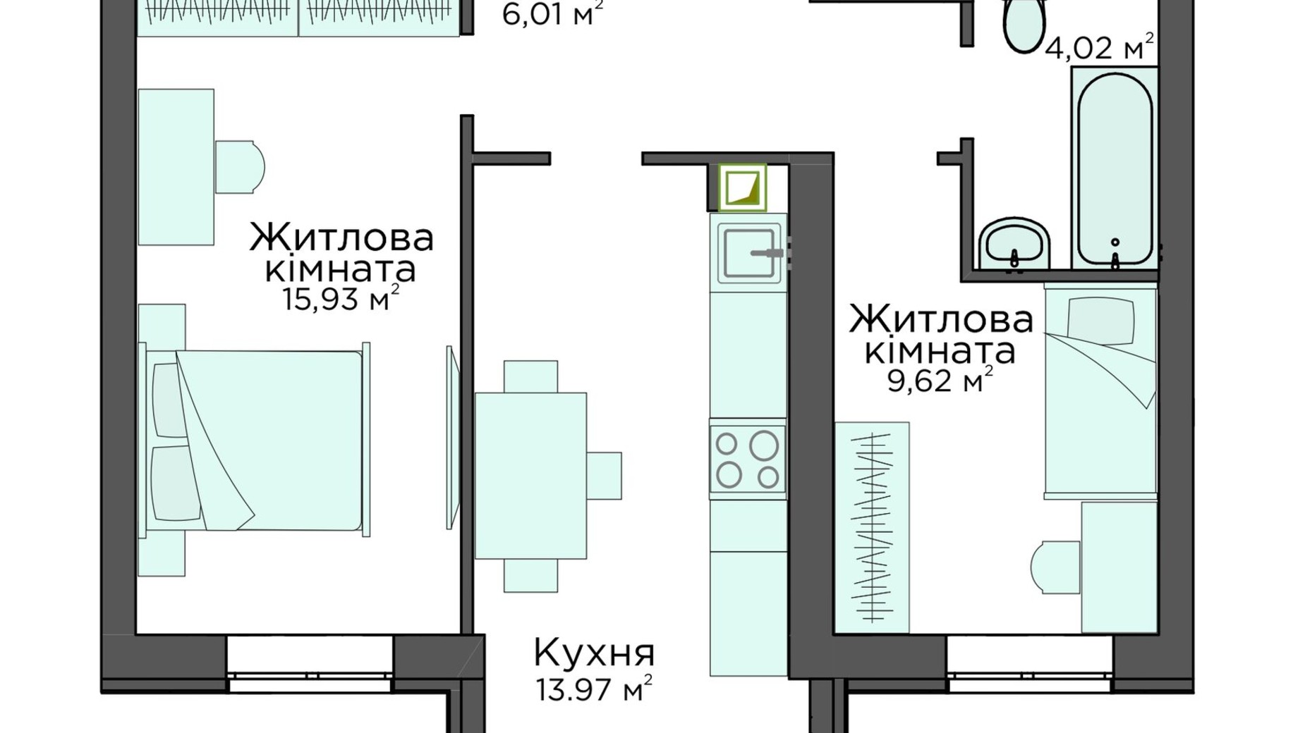 Планування 2-кімнатної квартири в Клубна резиденція O'Club  49.16 м², фото 371603