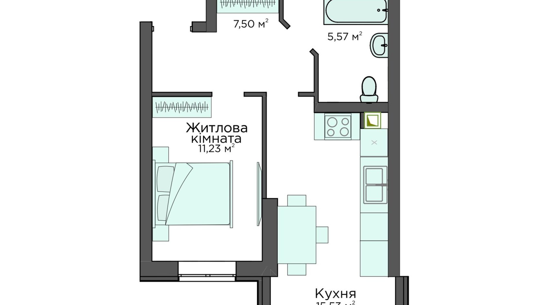 Планування 1-кімнатної квартири в Клубна резиденція O'Club  39.8 м², фото 371611