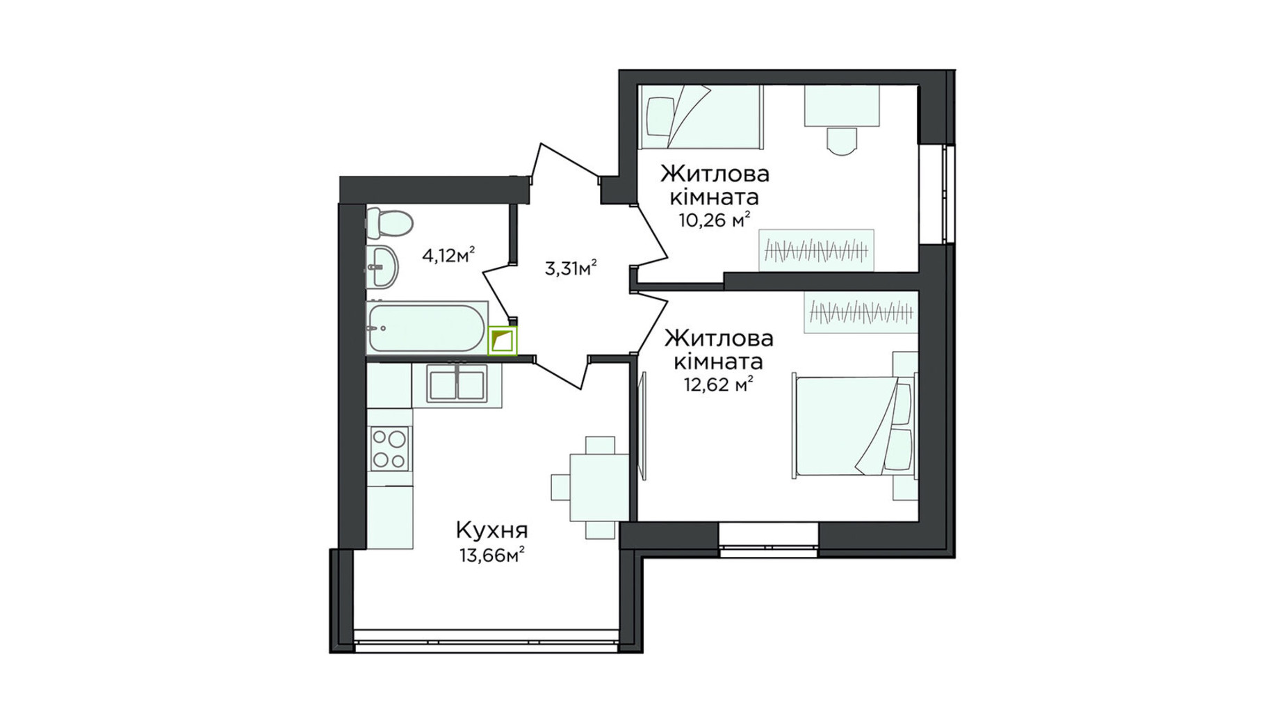 Планування 2-кімнатної квартири в Клубна резиденція O'Club  44.53 м², фото 371655