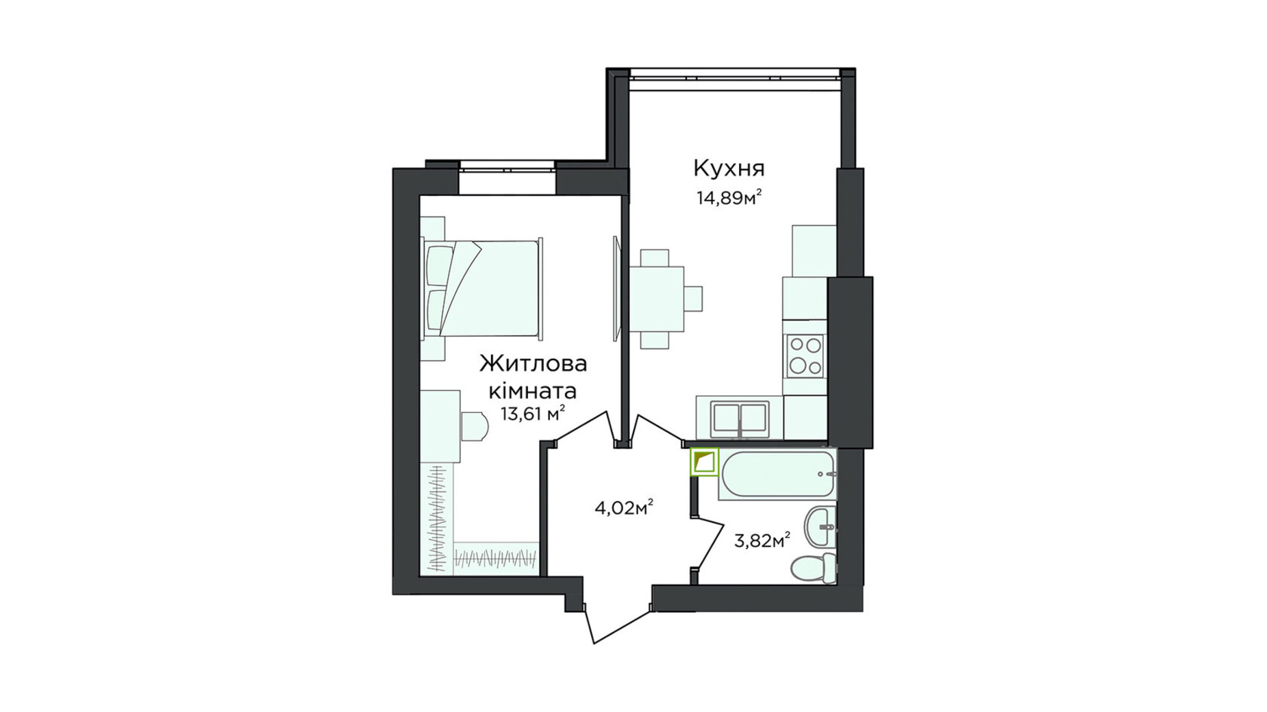 Планування 1-кімнатної квартири в Клубна резиденція O'Club  36.36 м², фото 371663