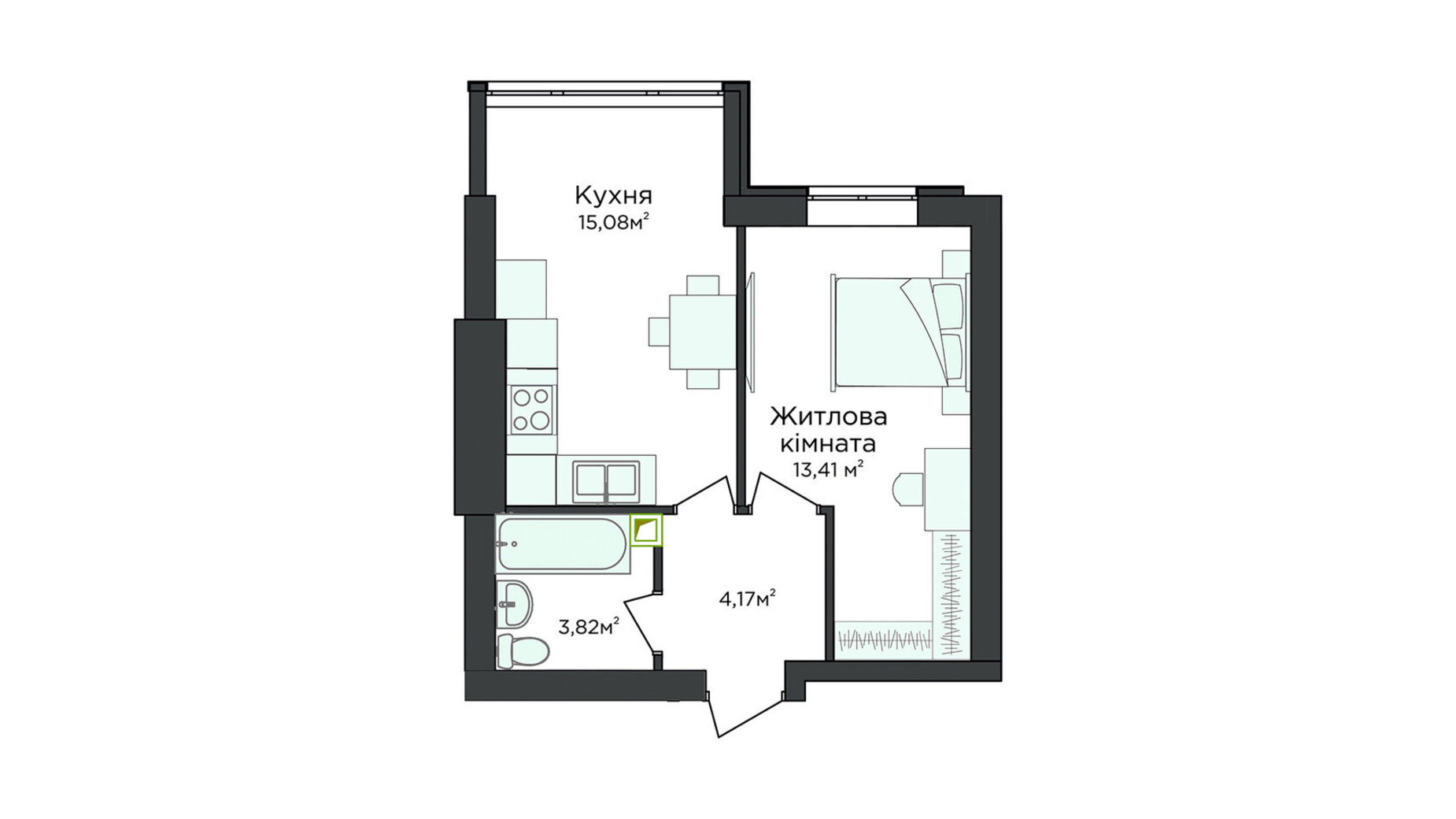 Планування 1-кімнатної квартири в Клубна резиденція O'Club  36.17 м², фото 371669
