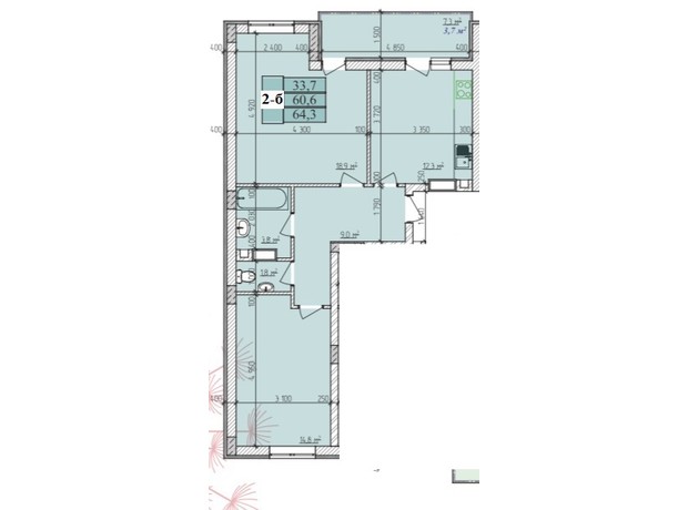 ЖК Озерный: планировка 2-комнатной квартиры 64.3 м²