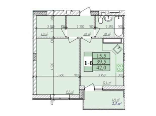 ЖК Озерный: планировка 1-комнатной квартиры 42 м²