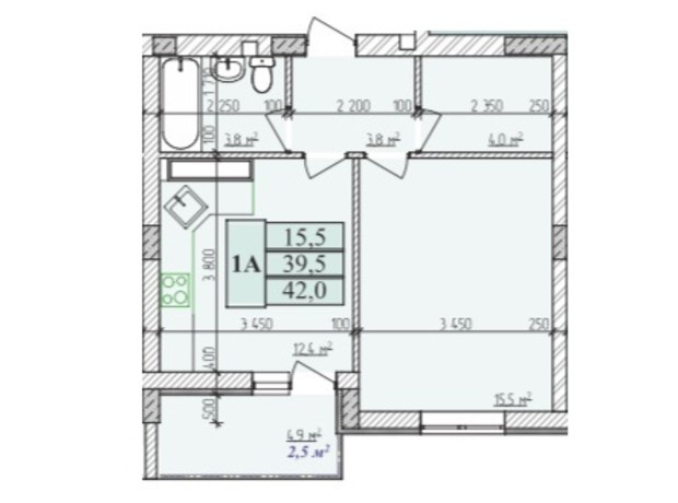ЖК Озерний: планування 1-кімнатної квартири 42 м²