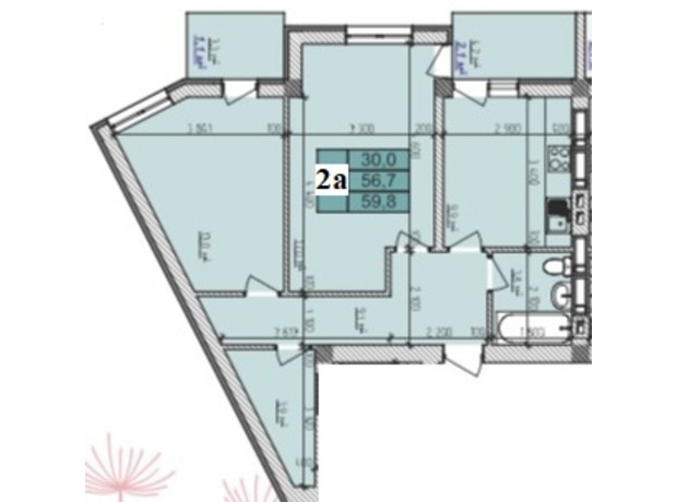ЖК Озерний: планування 2-кімнатної квартири 59.8 м²