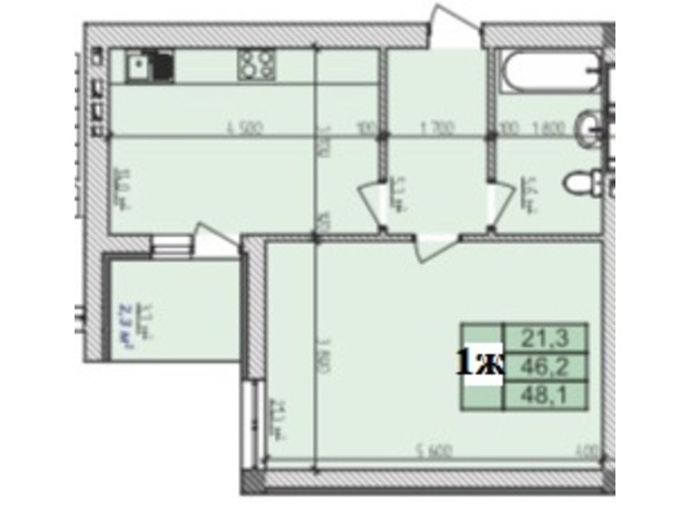 ЖК Озерний: планування 1-кімнатної квартири 48.1 м²