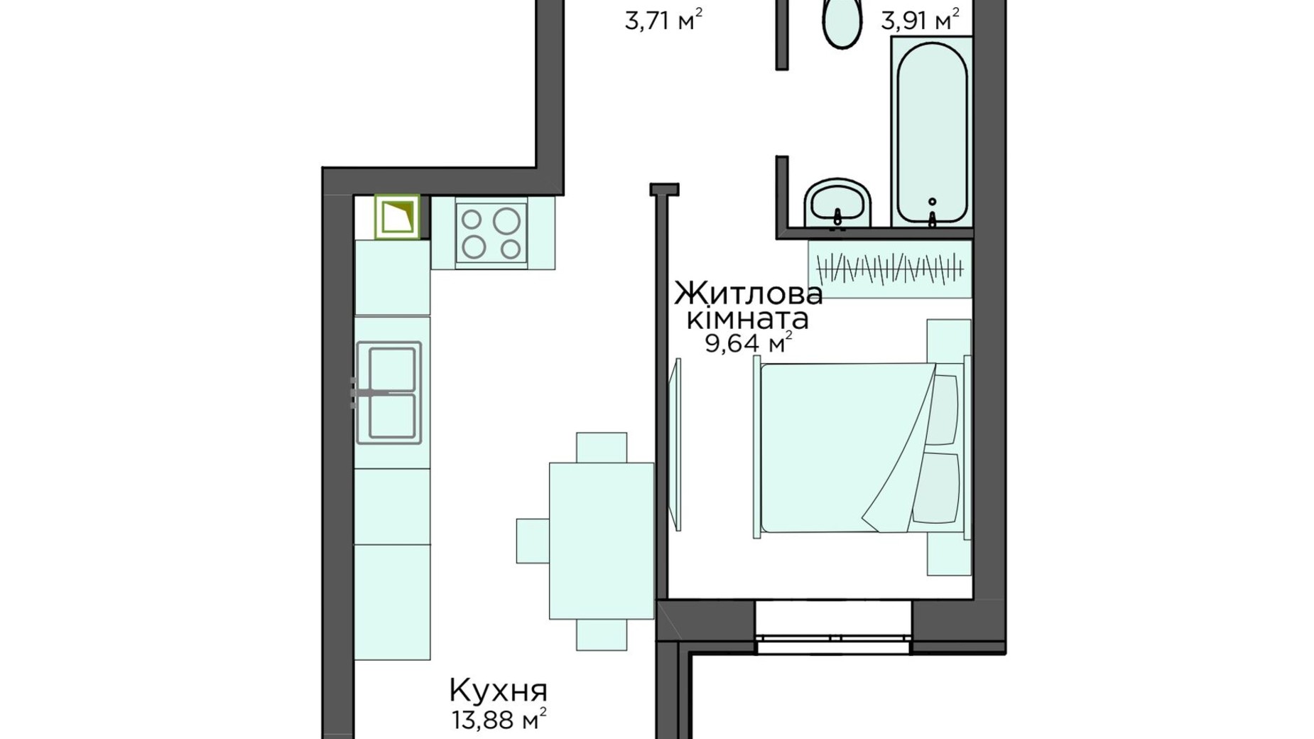 Планування 1-кімнатної квартири в Клубна резиденція O'Club  31.09 м², фото 372096