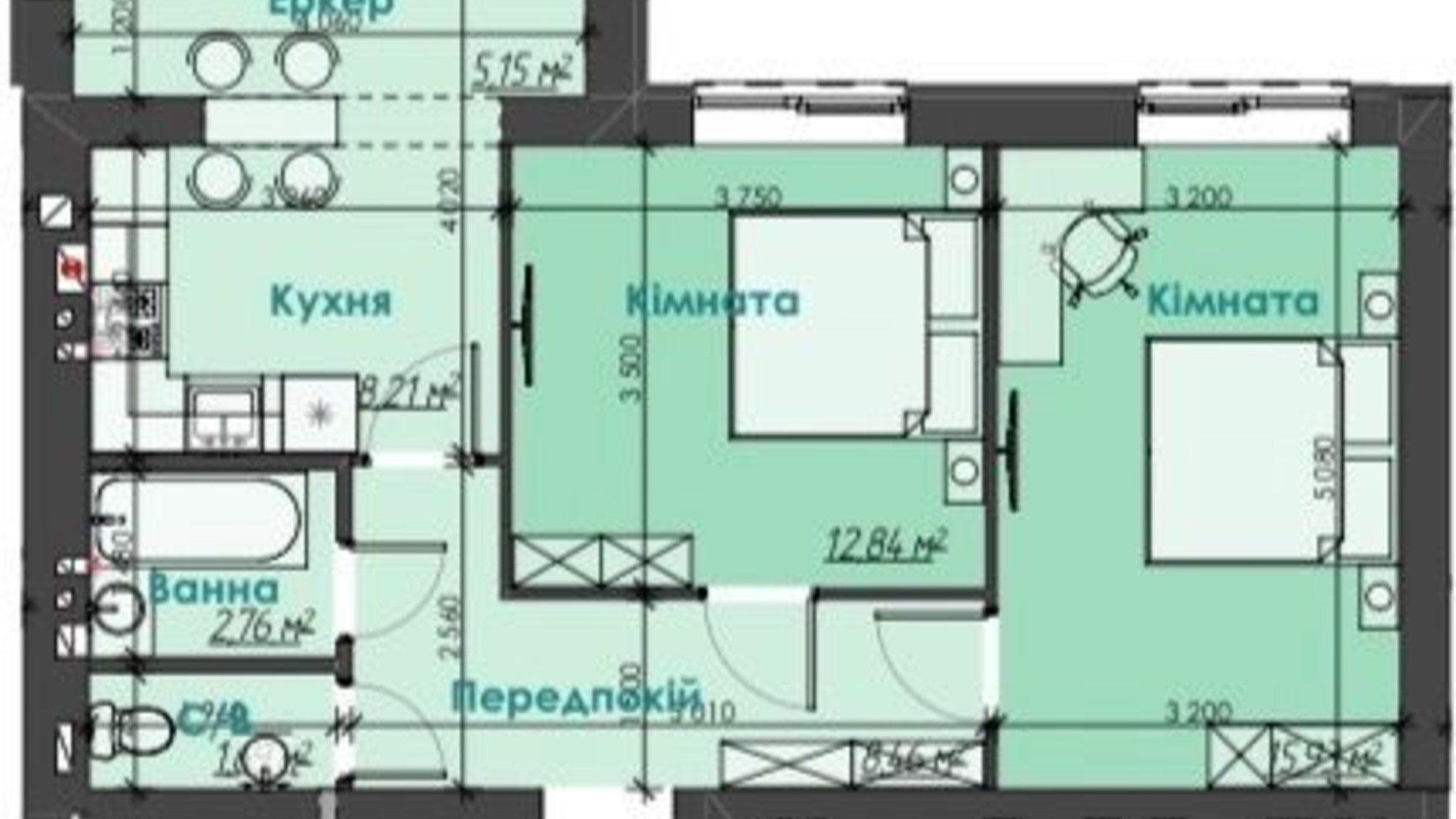 Планування 2-кімнатної квартири в ЖК Like Home 55.04 м², фото 372434