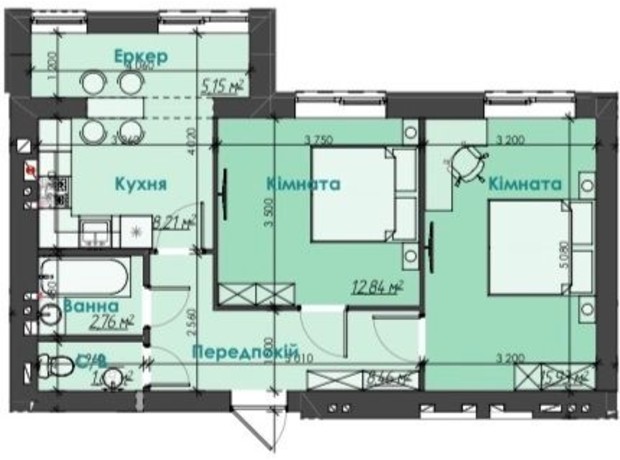 ЖК Like Home: планировка 2-комнатной квартиры 55.04 м²