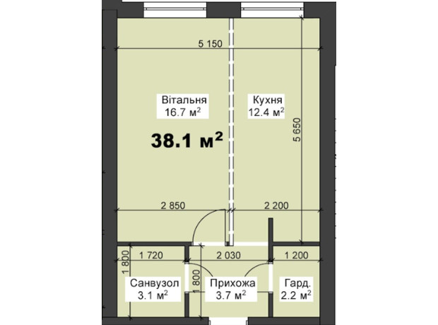 ЖК Калиновий Квартал: планування 1-кімнатної квартири 38.1 м²