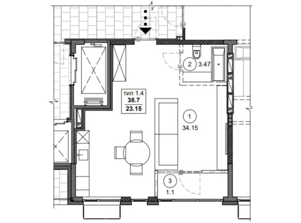 ЖК Вертикаль: планування 1-кімнатної квартири 38.7 м²