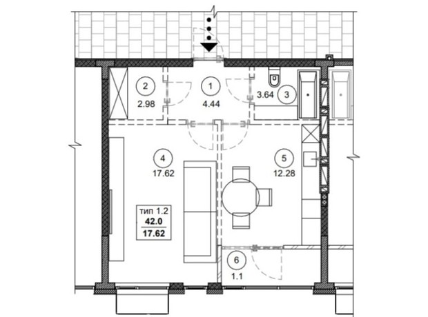 ЖК Вертикаль: планування 1-кімнатної квартири 42 м²