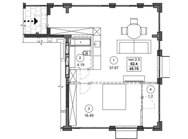 ЖК Вертикаль: планування 2-кімнатної квартири 62.4 м²