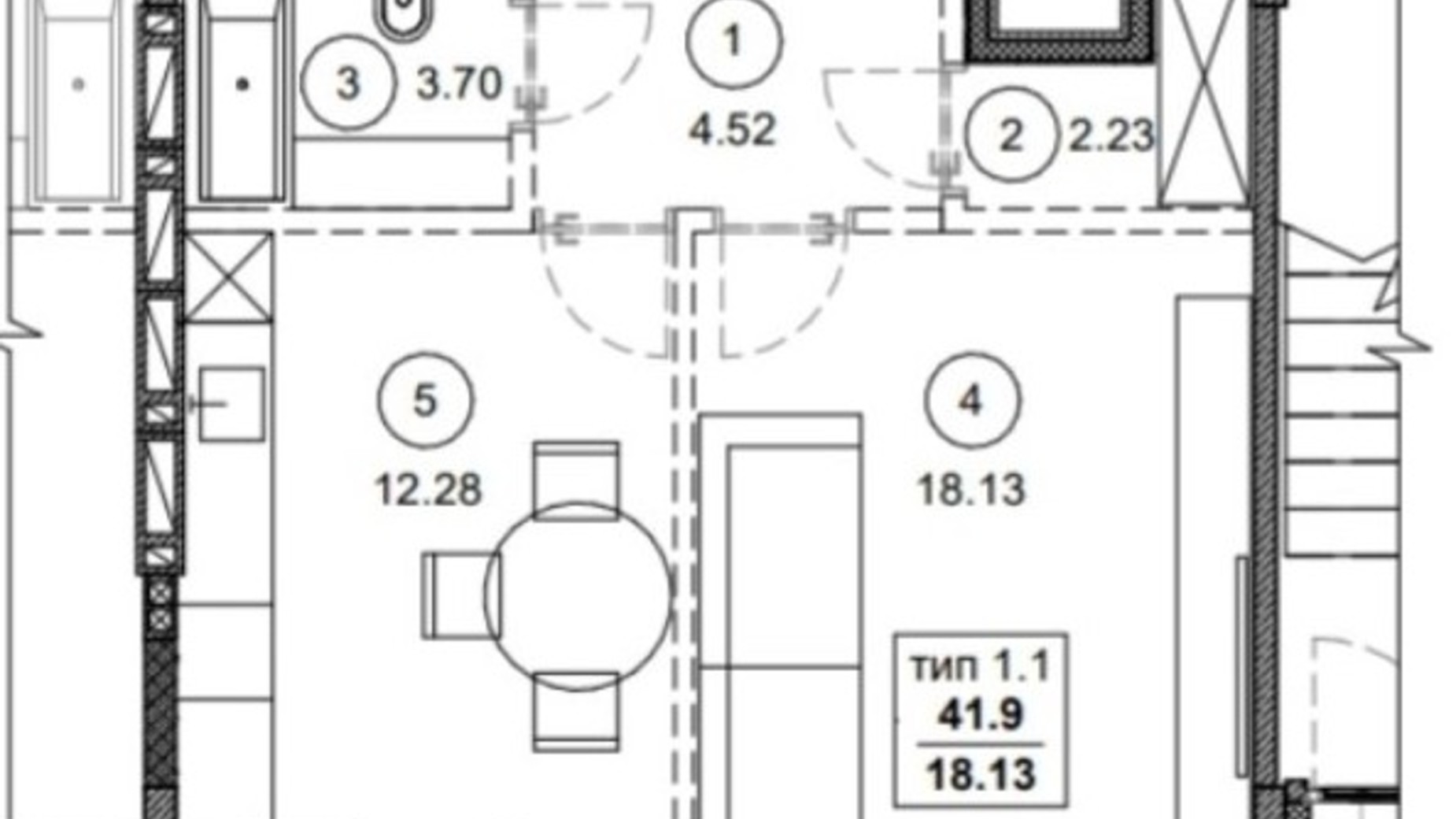 Планировка 1-комнатной квартиры в ЖК Вертикаль 41.9 м², фото 372594