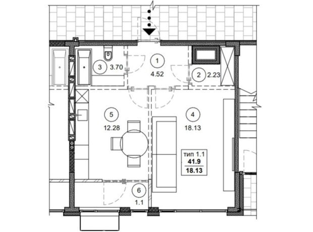 ЖК Вертикаль: планування 1-кімнатної квартири 41.9 м²