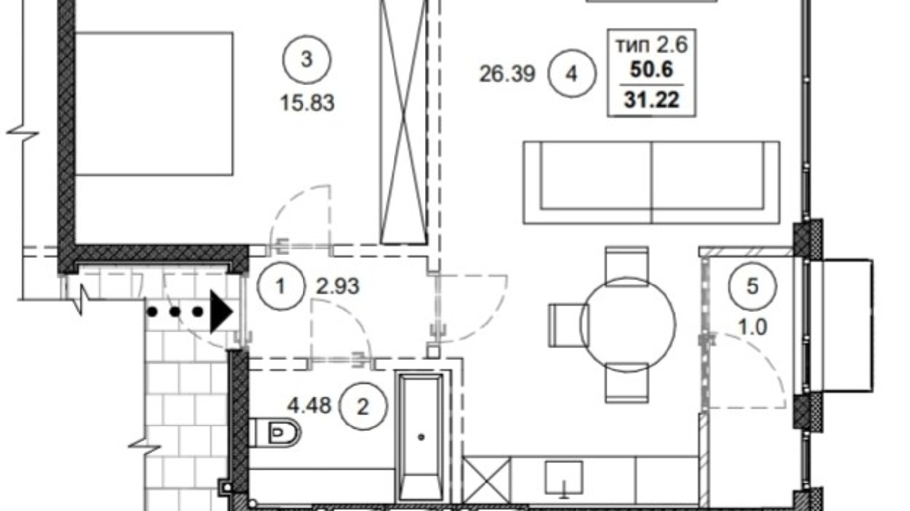 Планировка 2-комнатной квартиры в ЖК Вертикаль 50.6 м², фото 372603