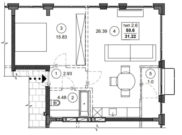 ЖК Вертикаль: планування 2-кімнатної квартири 50.6 м²