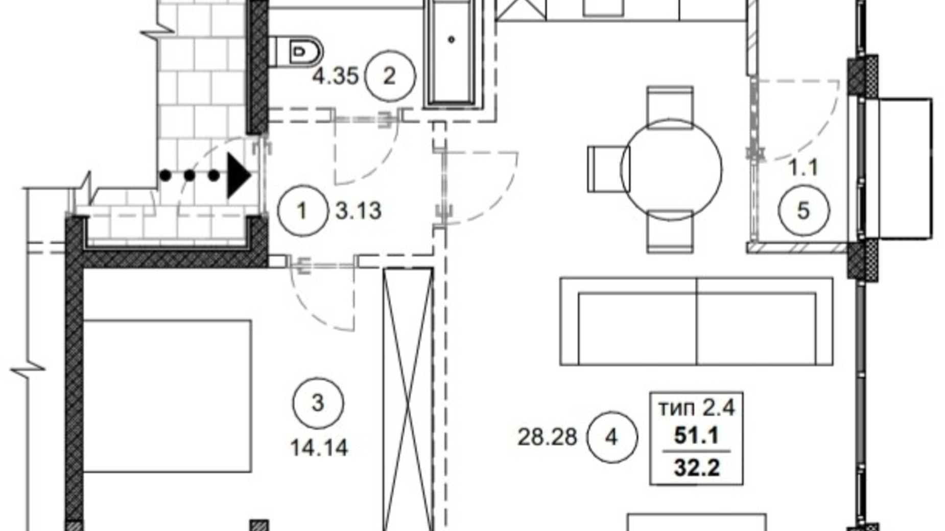 Планування 2-кімнатної квартири в ЖК Вертикаль 51.1 м², фото 372612