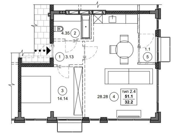 ЖК Вертикаль: планировка 2-комнатной квартиры 51.1 м²