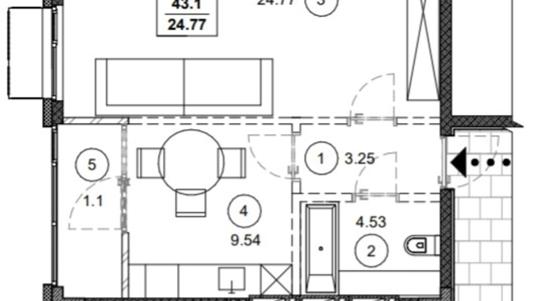 Планування 2-кімнатної квартири в ЖК Вертикаль 43.1 м², фото 372626