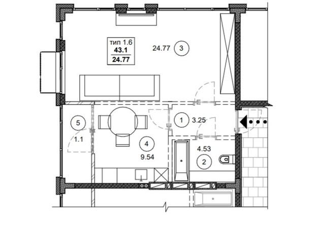 ЖК Вертикаль: планировка 2-комнатной квартиры 43.1 м²