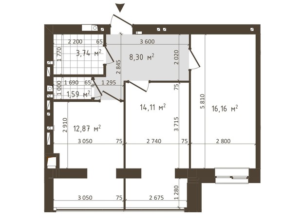 ЖК Одеська Чайка: планування 2-кімнатної квартири 56.77 м²