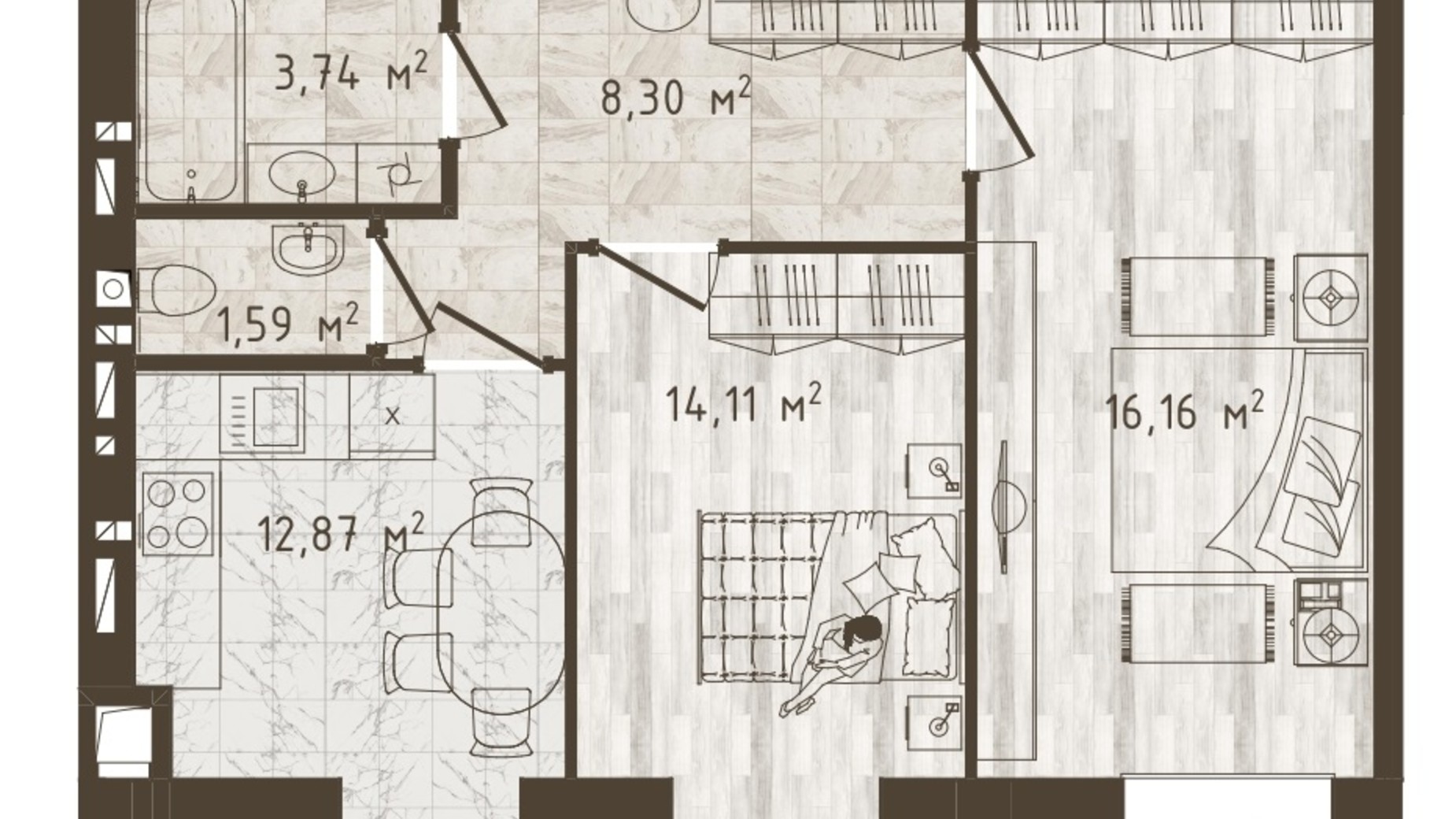 Планировка 2-комнатной квартиры в ЖК Одесская Чайка 56.77 м², фото 372805